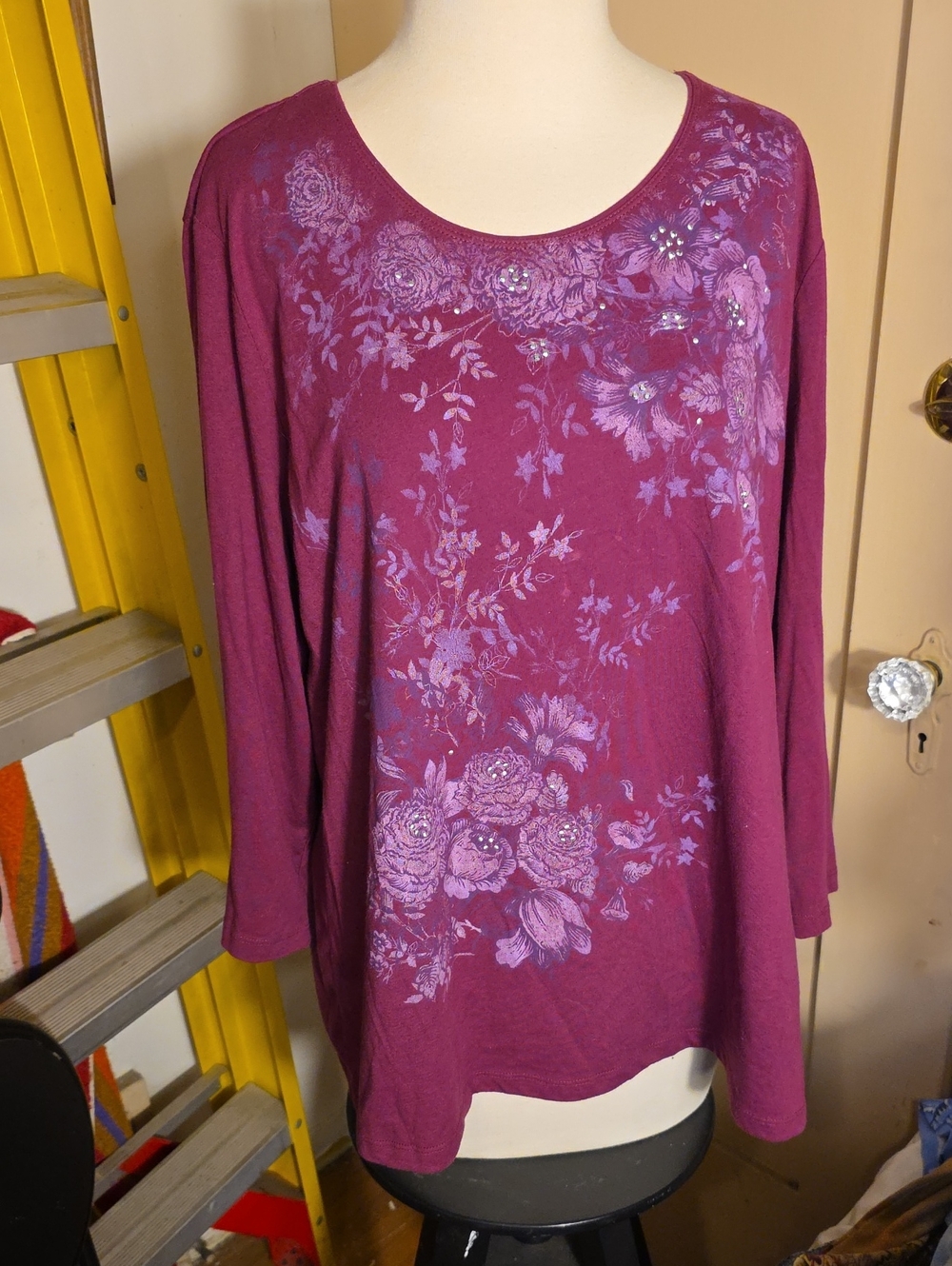Laura Scott Plum Floral Scoop-Neck Long Sleeve Top